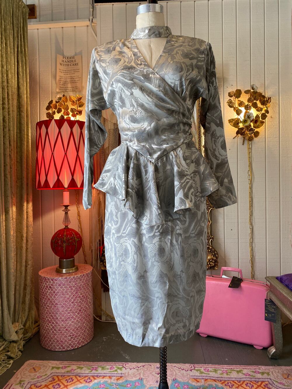 vintage 1980s silver brocade peplum dress, 80s fashion, wrap style, dolman, med